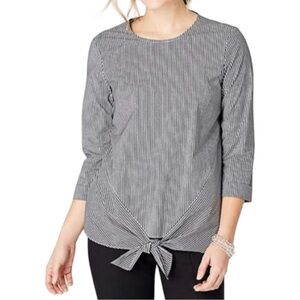 J. JILL Gray White Striped 3/4 Roll Sleeve Keyhole Front Waist Tie Cotton Top S